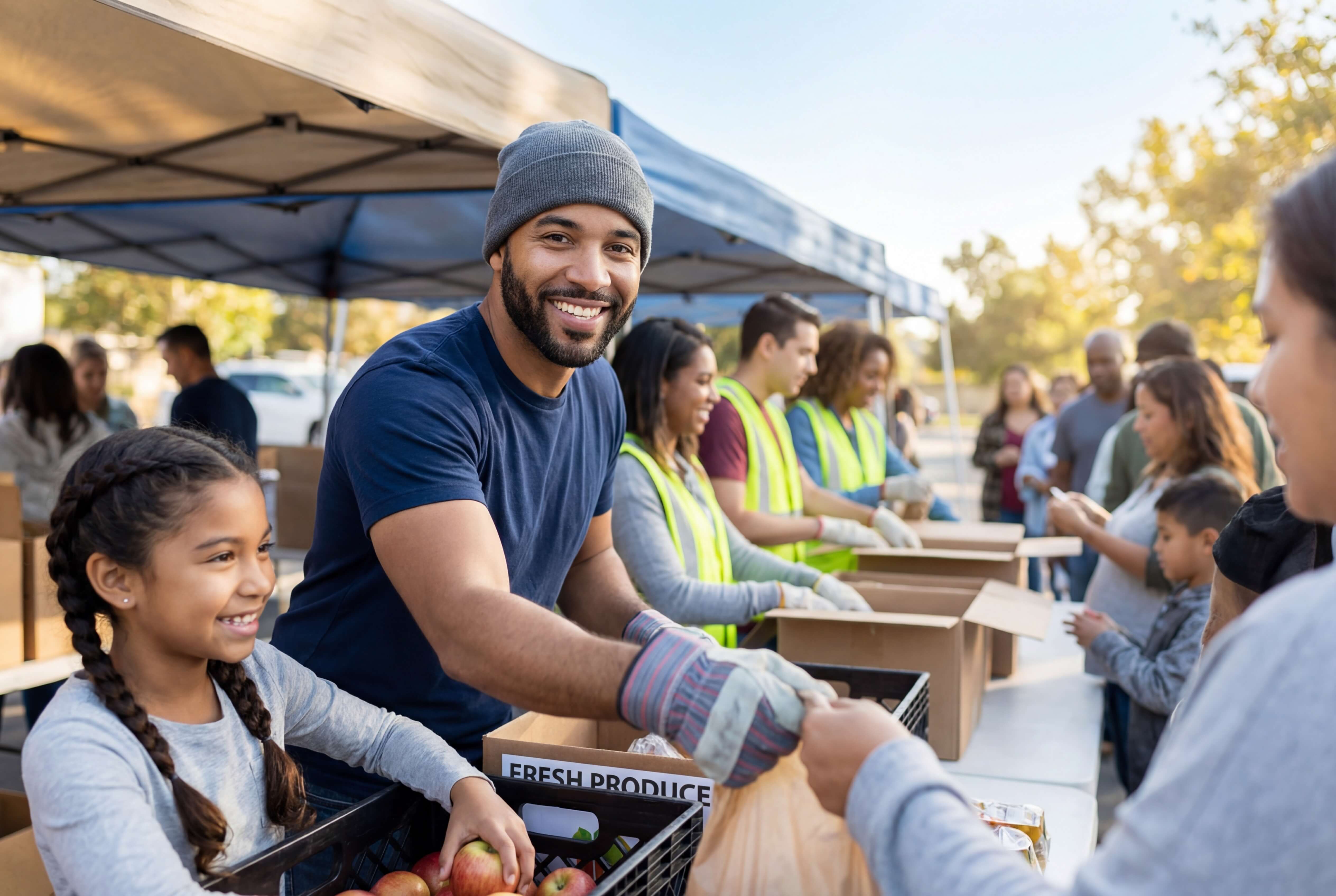 Nonprofit volunteers distributing fresh food to families at a community event