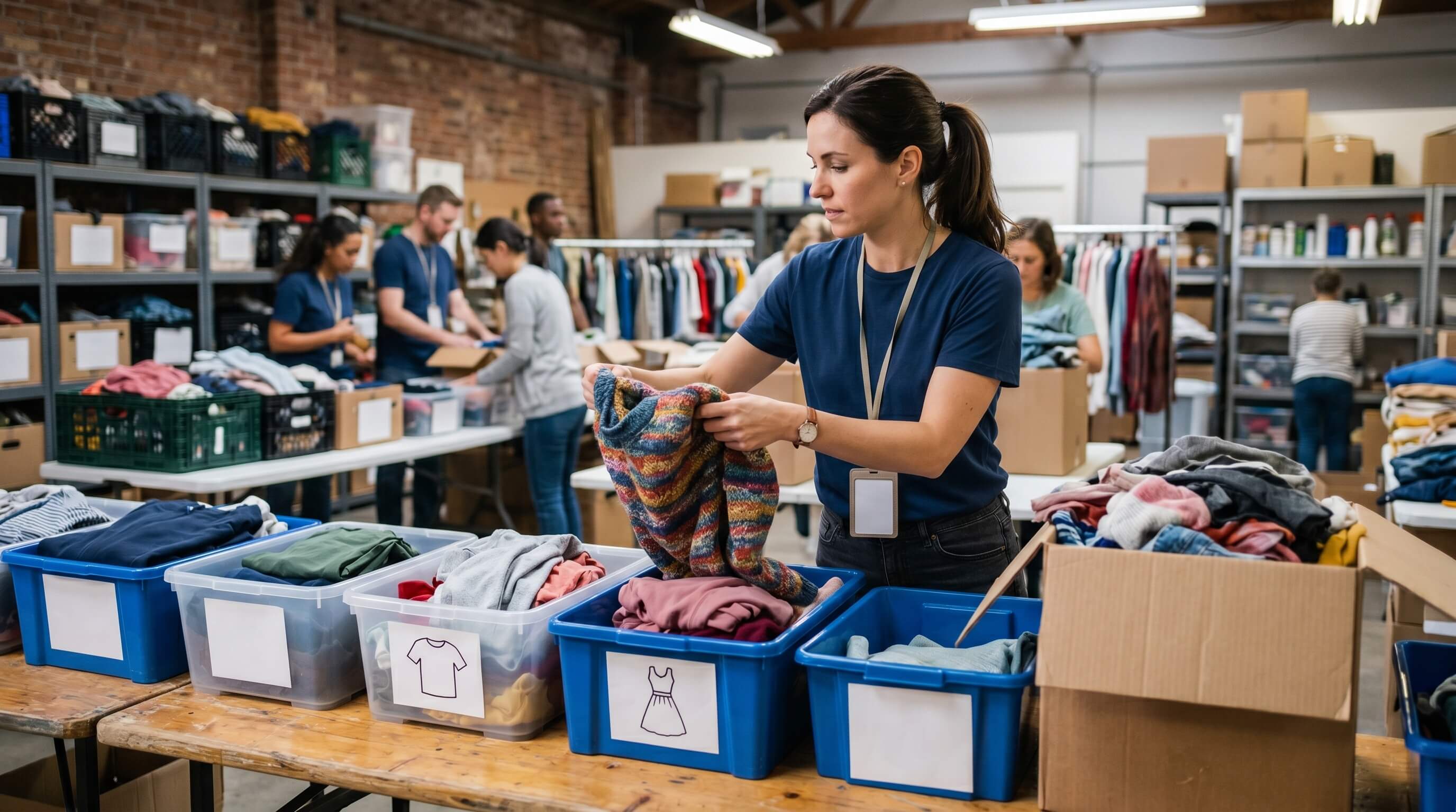 Nonprofit volunteers sorting donated clothing at a community center