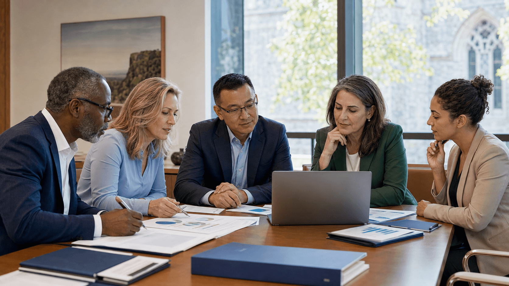Educational nonprofit leadership team reviewing program outcomes