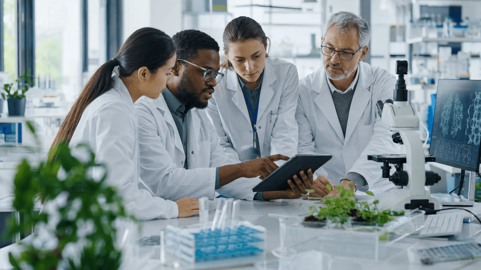Nonprofit scientific research team collaborating in a modern laboratory